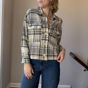 ZARA Beige & Navy Plaid Button-Up Shacket